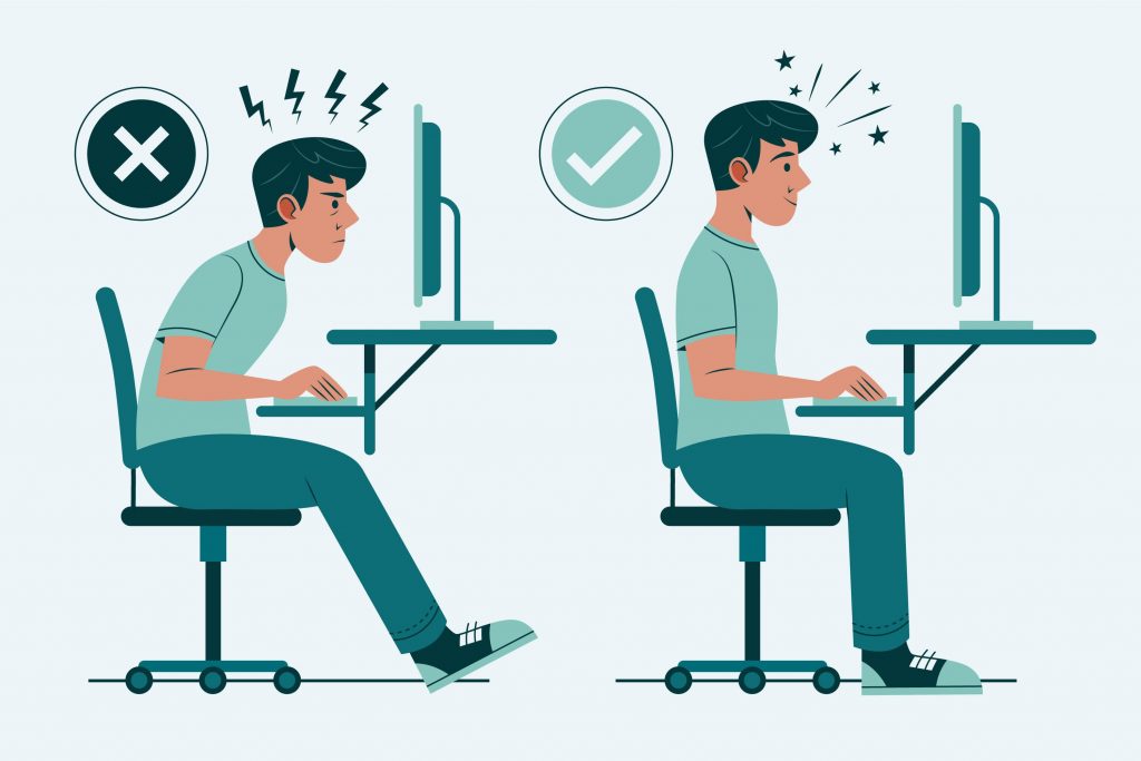 Comparison of correct and incorrect laptop sitting postures, highlighting the importance of posture for physical health