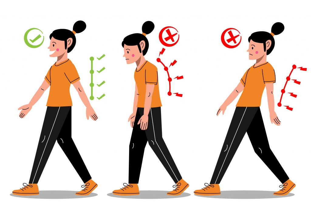 Three vector images showing good and bad walking posture, illustrating the path to achieving ideal posture.