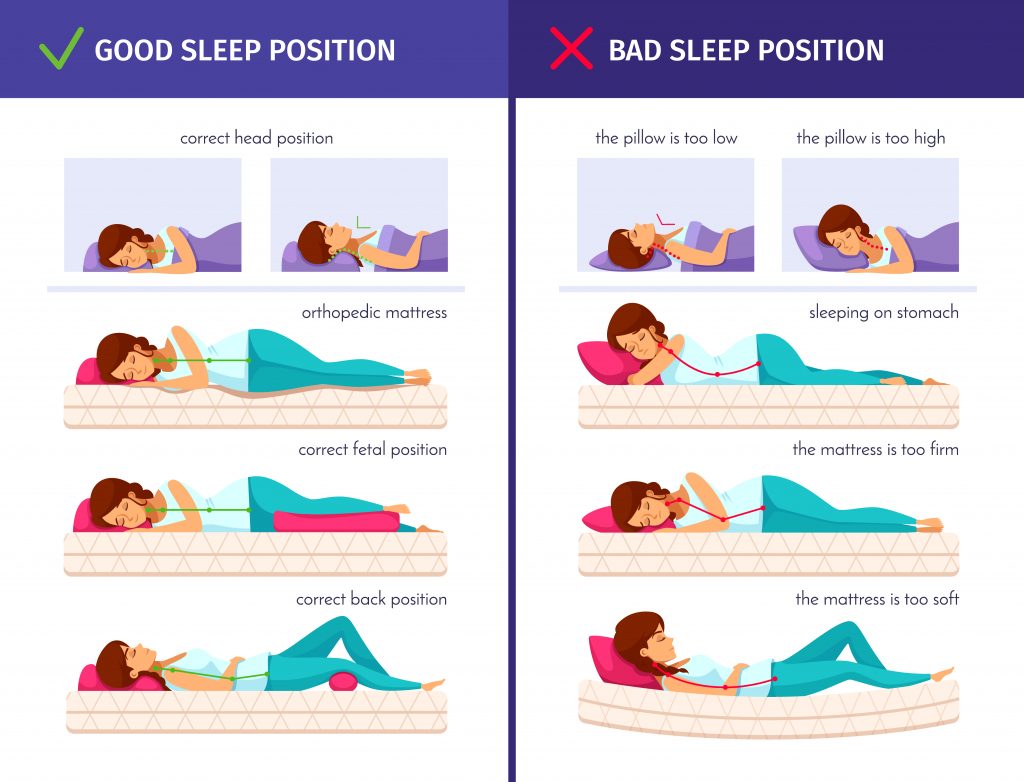 Vector image of a woman sleeping in correct positions, illustrating proper sleep posture.