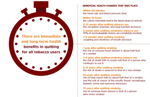 Infographic showing immediate and long-term health benefits of quitting tobacco, including improved lung function and reduced disease risk.