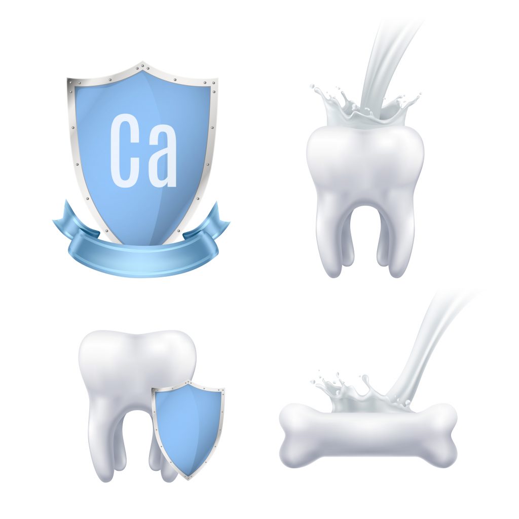 An illustration of calcium, teeth, and bones, emphasizing the importance of calcium-rich foods for healthy bones and teeth.