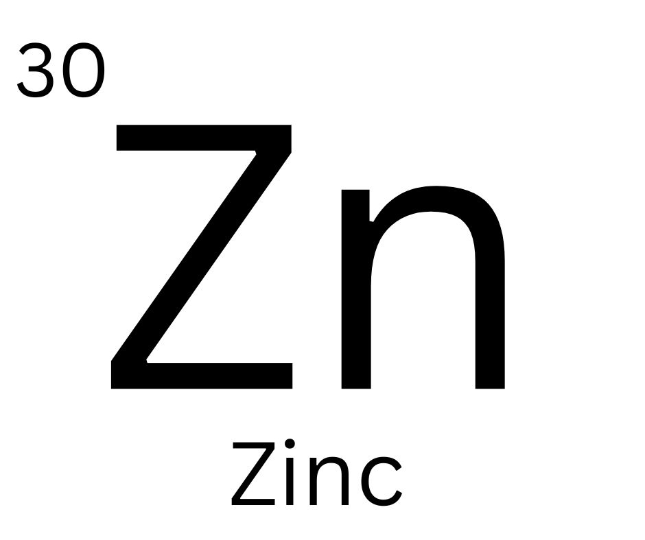 The chemical symbol and atomic number of zinc shown against a white background.