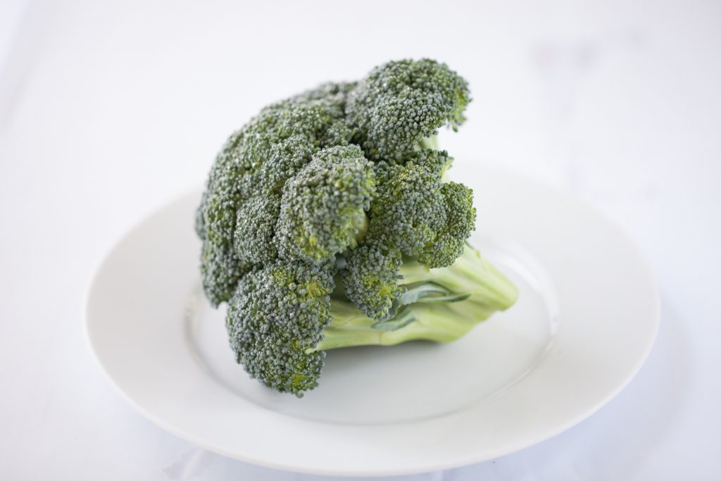 A piece of broccoli, rich in sulforaphane, an antioxidant that fights inflammation, placed on a white plate.