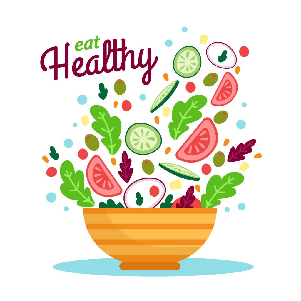 An illustration of a bowl filled with vegetables, with 'Eat Healthy' written on top.