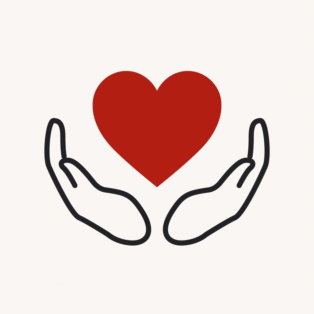 An illustration of a heart symbol held between palms, symbolizing care for the heart.