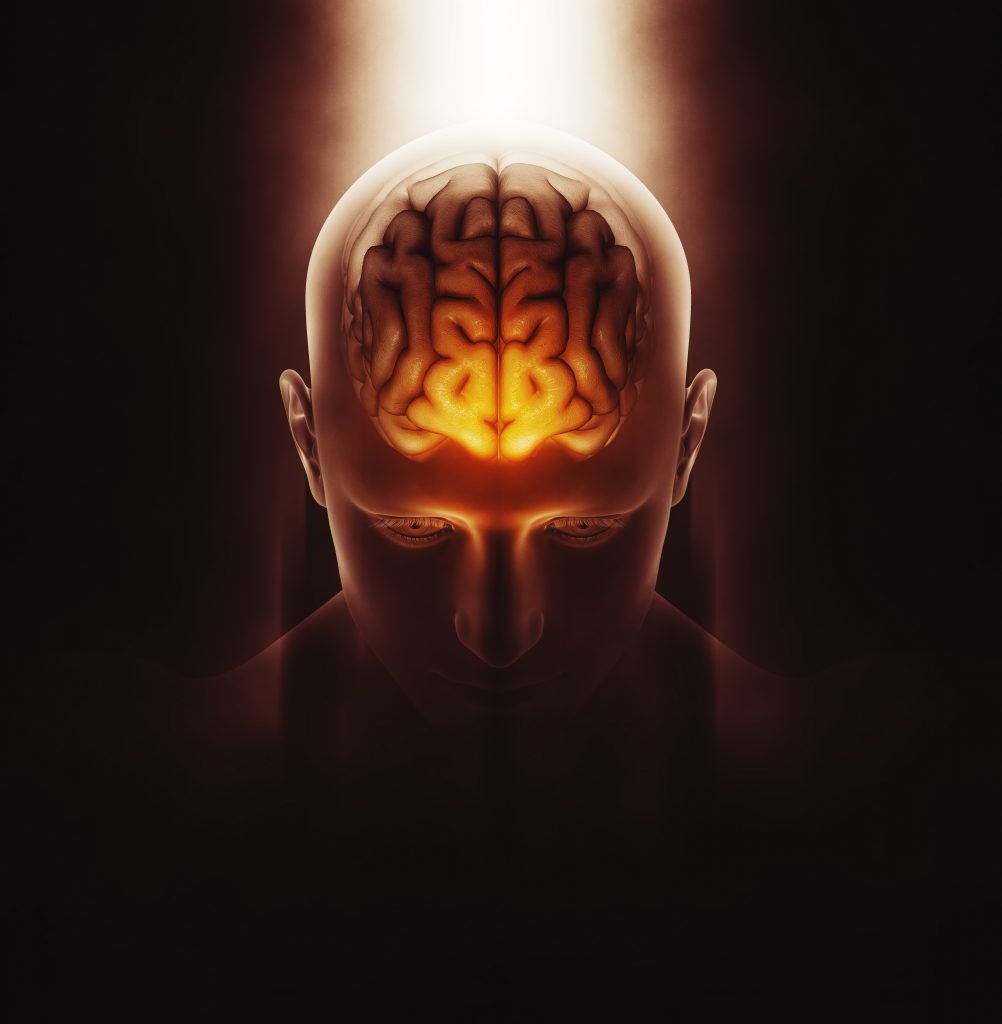 A striking illustration of a human head against a dark background, with the brain illuminated in bright orange.