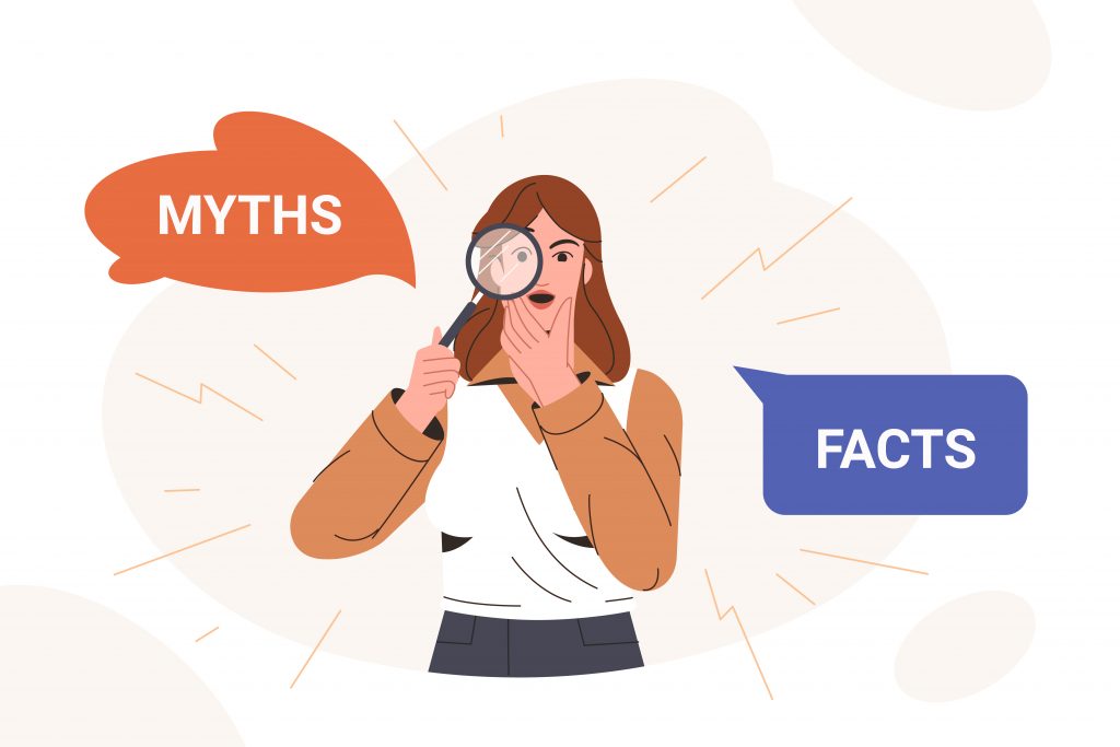 Vector image of a girl holding a magnifying glass, with the words "Myth" and "Facts" displayed on either side, symbolizing the search for truth.