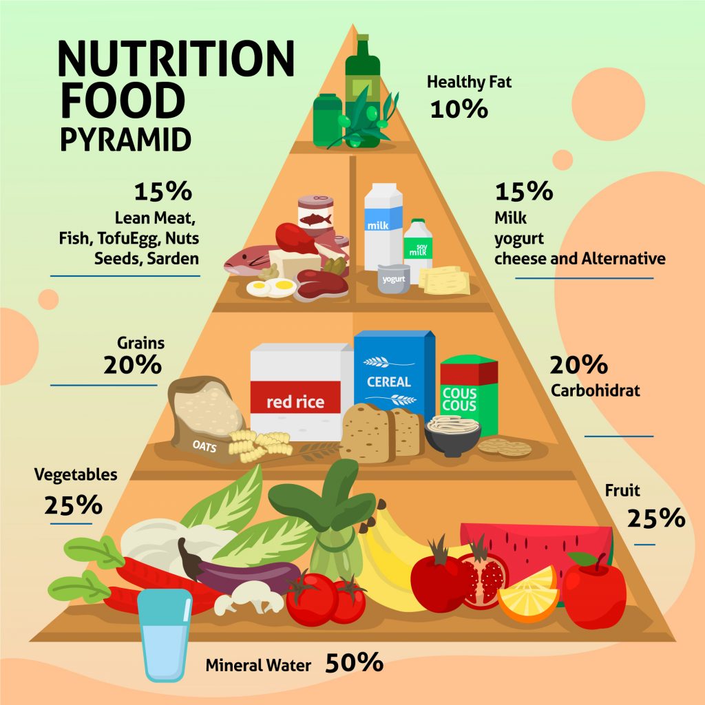 An infographic of the nutrition food pyramid, illustrating the recommended quantities of nutrients for maintaining a healthy liver.