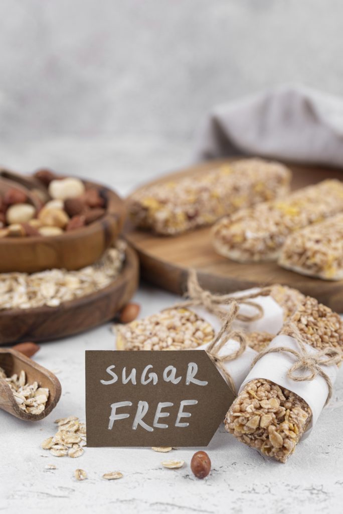 "Sugar-free" snacks on display, highlighting that sugar-free doesn't mean carbohydrate-free.