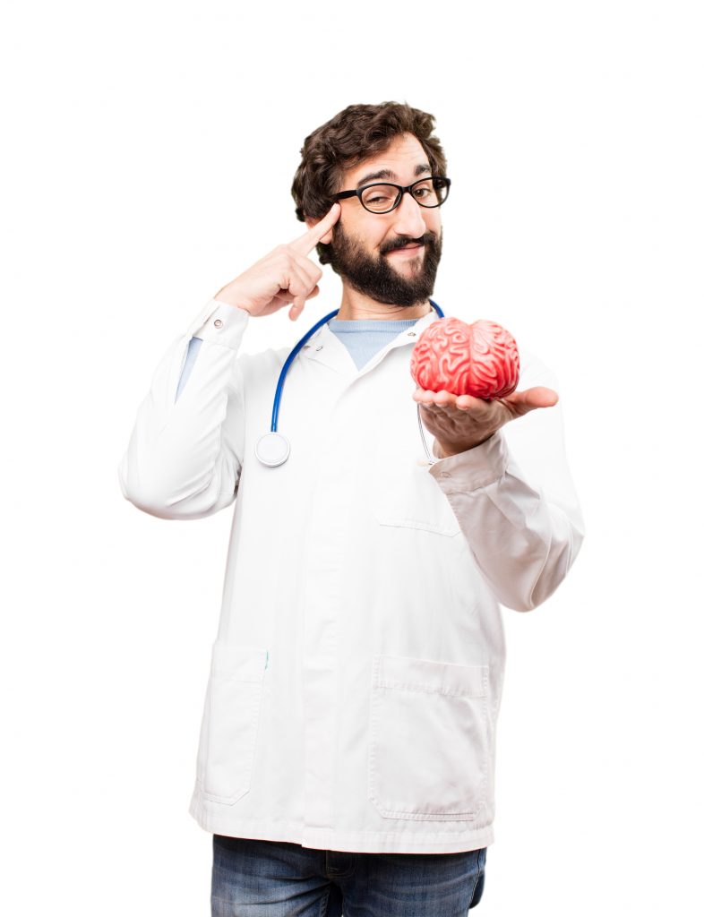 A young male doctor holding a brain model in one hand, highlighting the brain as the control center of the body, responsible for movement, sensation, and thought