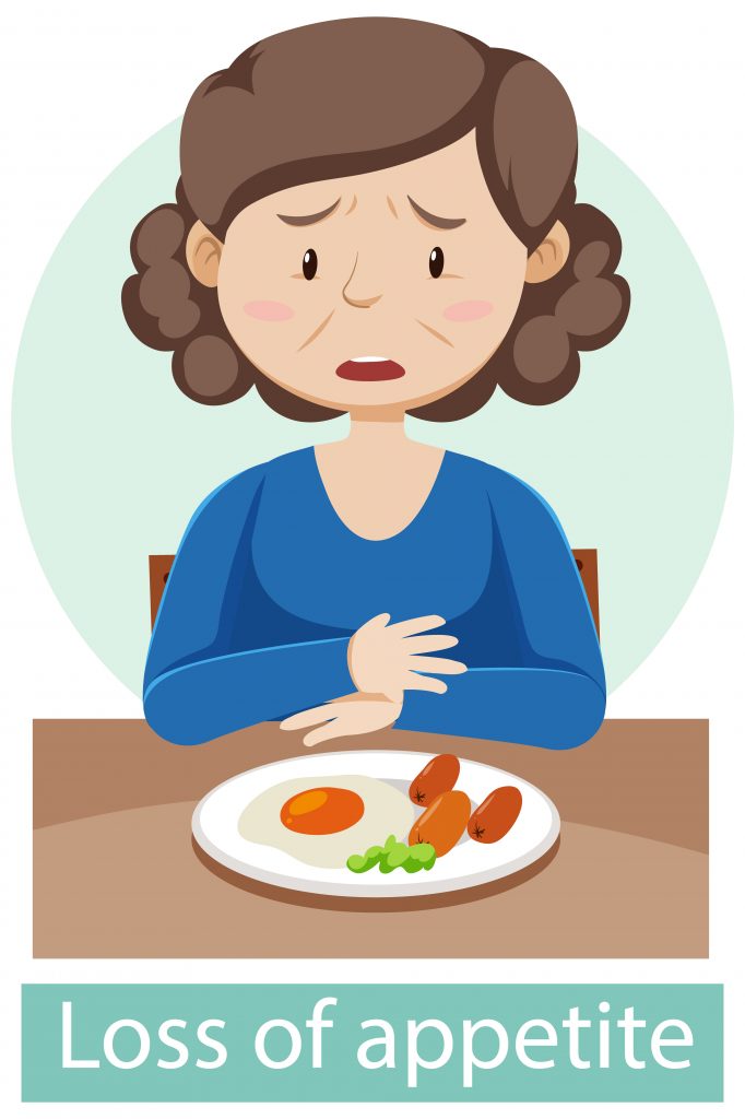 Vector image of a woman with loss of appetite, sitting at a table, uninterested in her plate of food.