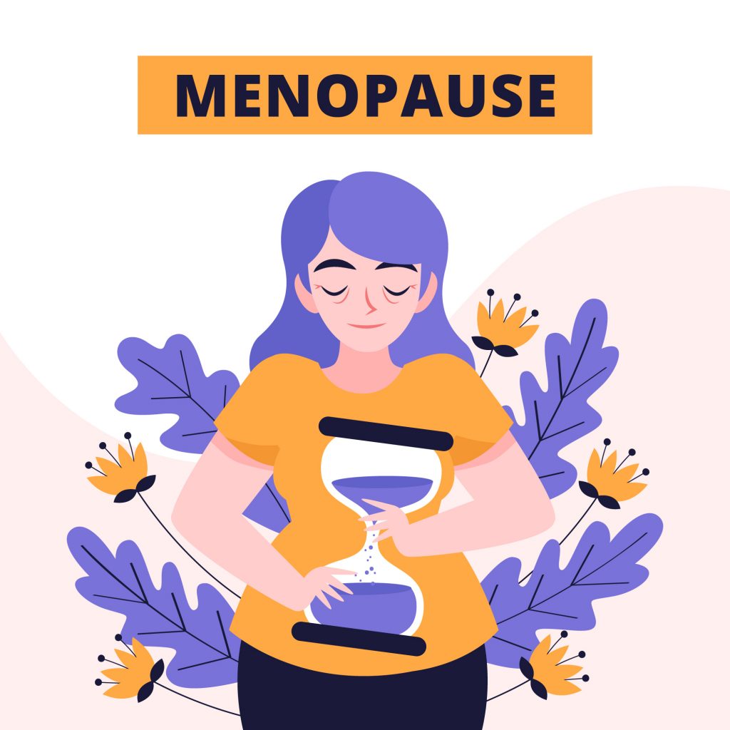 Woman with hourglass symbol and floral elements, representing weight gain during menopause.
