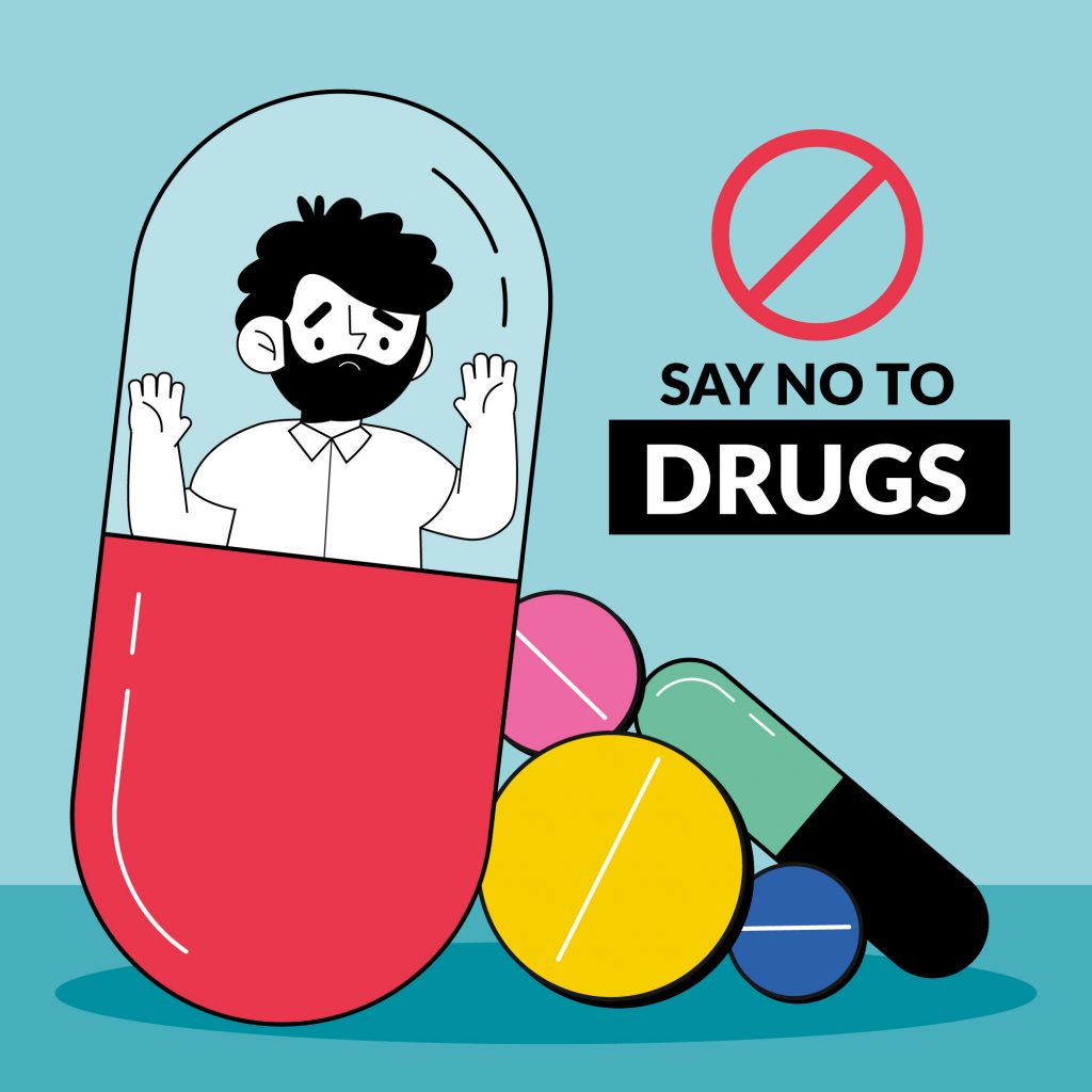 Vector image of a person trapped in a pill, surrounded by capsules, with the message "Say No to Drugs."