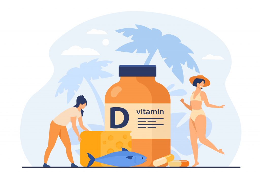 Vitamin D bottle with a fish, woman lifting weights, and running on the beach, highlighting the sunshine vitamin.