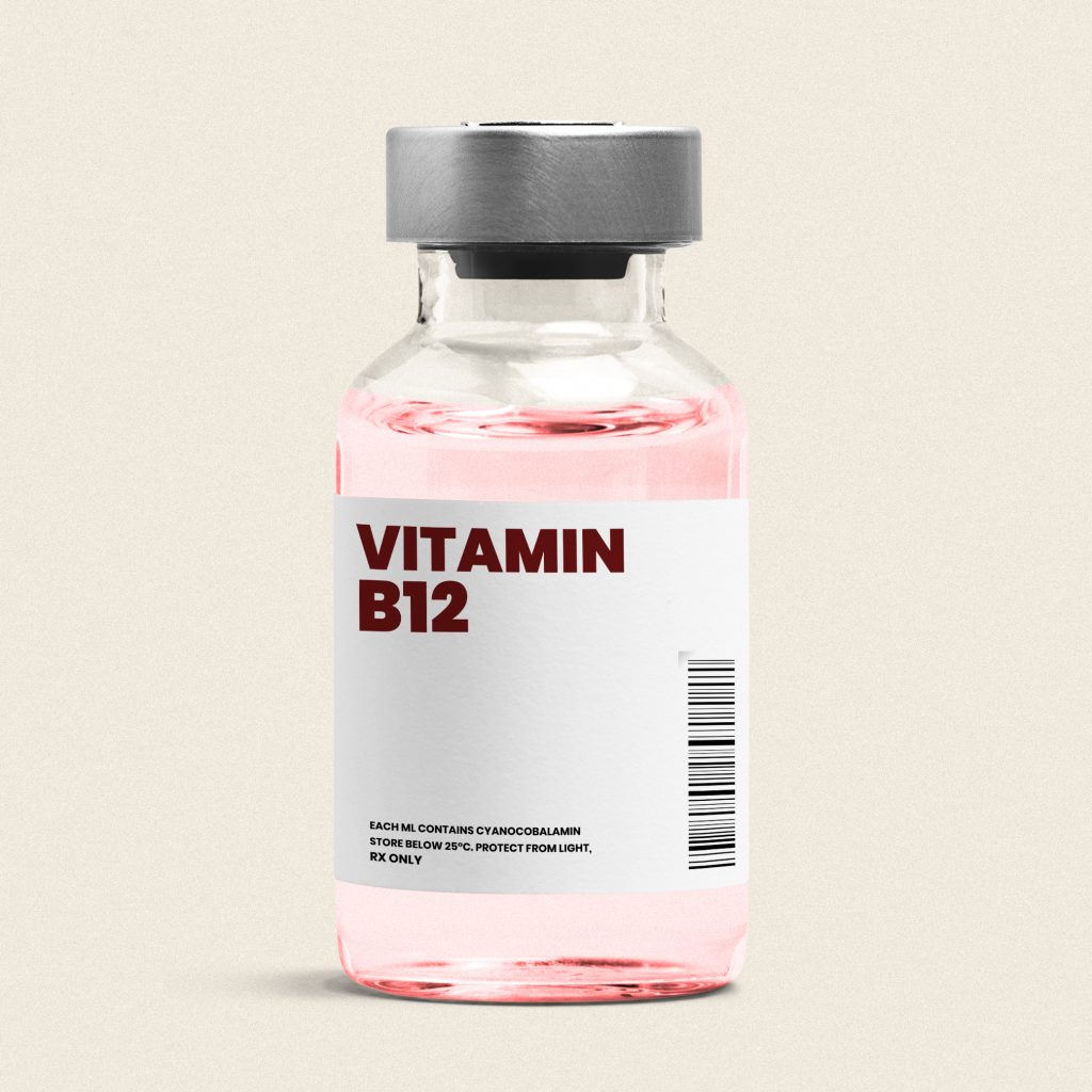 Vitamin B12 injection bottle with a black cap, essential for brain, nerve, and blood cell function and development.