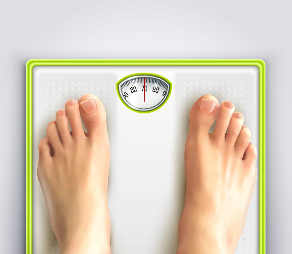 A vector image of feet on a scale, highlighting evidence-based weight loss strategies.