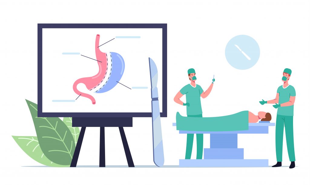 A vector image of doctor pointing at a stomach diagram on a screen, with a patient on a hospital bed.