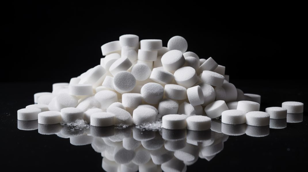 A bunch of white pills, symbolizing the potential use of artificial sweeteners as a tool for effective weight loss.