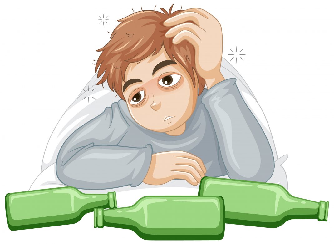 An illustration depicting the aftermath of a person who has overindulged in sweets, junk food, or alcohol after a celebration.