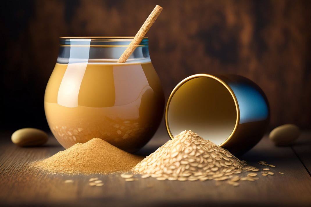 Glass of sesame milk with sesame seeds and powder, highlighting natural remedies for better sleep.