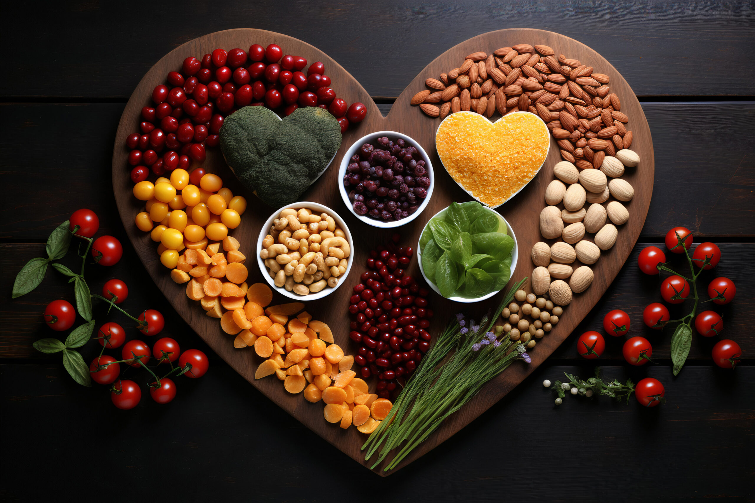Heart-shaped wooden board filled with vibrant fruits, veggies, nuts, and legumes for a cholesterol-lowering meal.