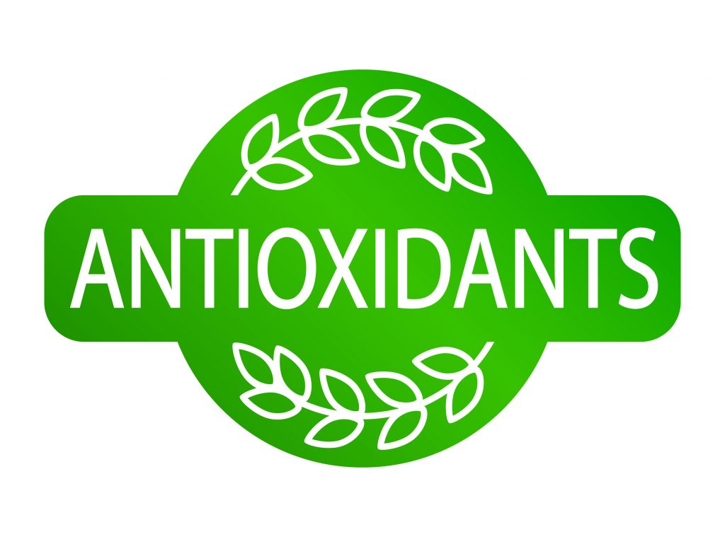 Green antioxidants badge with white text and stylized leaves.