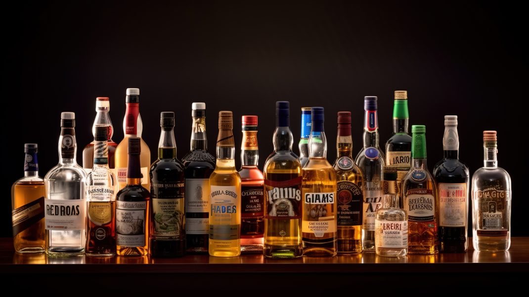 A collection of liquor bottles on a table, showcasing various labels, with a reminder of the risks of excessive alcohol consumption.