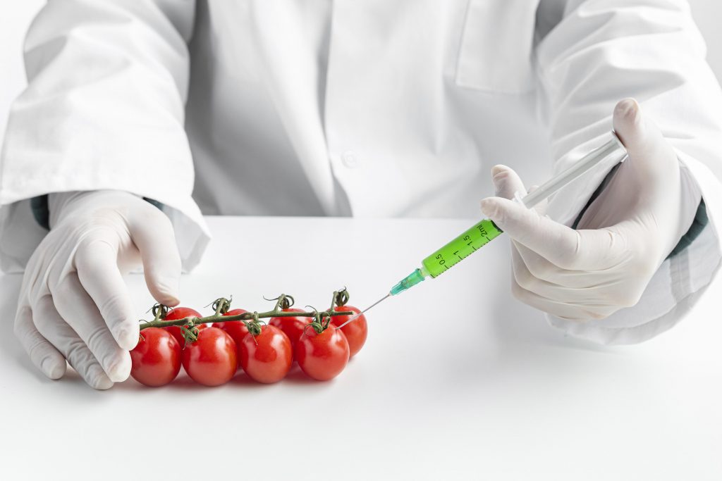 A person in a white coat injecting a red tomatoes with a syringe, highlighting concerns about genetically modified food.