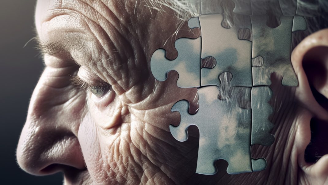 An elderly person with a head made of puzzle pieces, reflecting the mysteries of Alzheimer's disease.