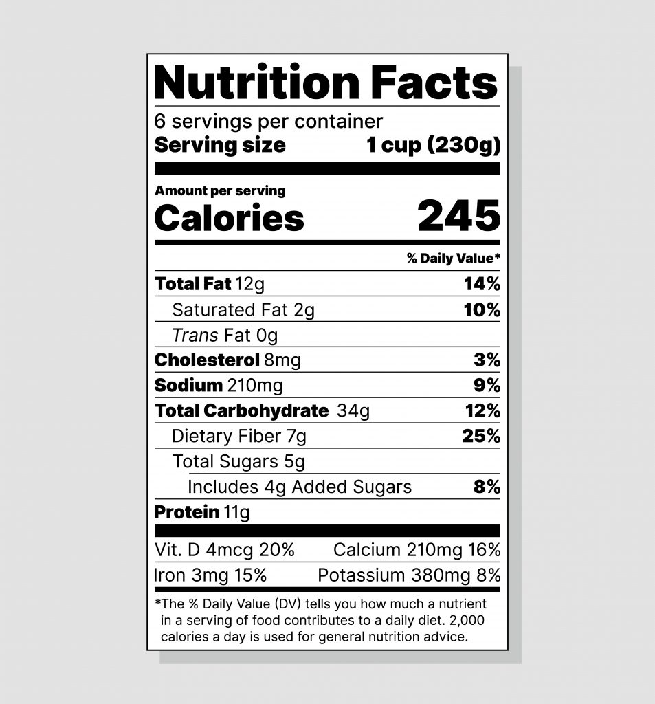 Nutrition facts label showing serving size, calories, and daily values for fat, cholesterol, sodium, carbs, and protein.