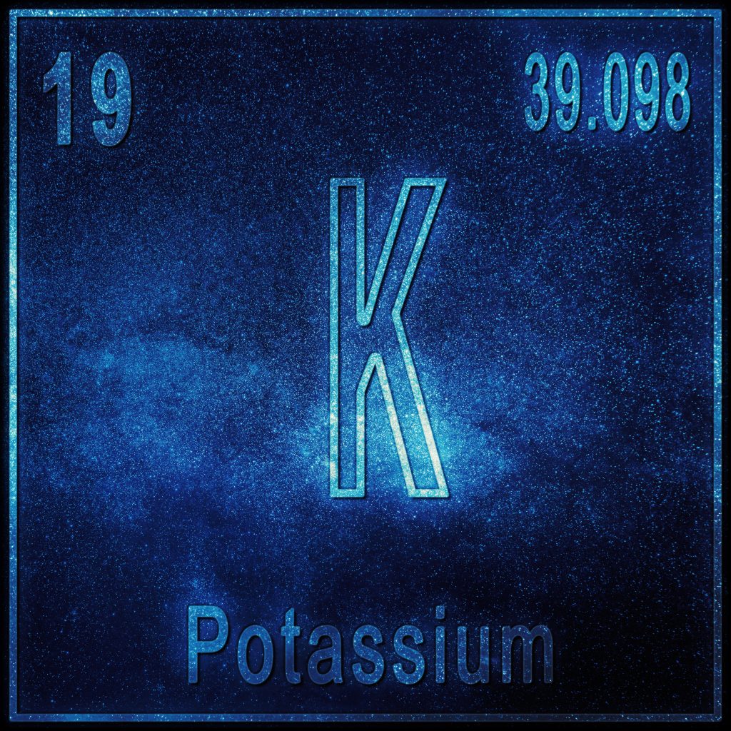 The chemical element and atomic number of potassium are shown on a dark blue background.