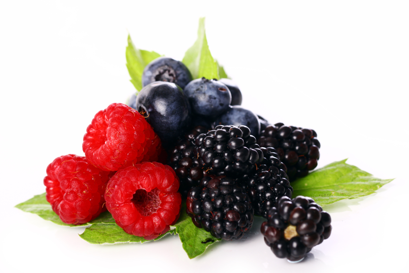 Fresh raspberries, hedgehogs, and blueberries - fruits to cool the body.