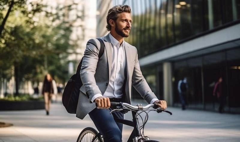 A man cycling to the office, promoting an active commute.