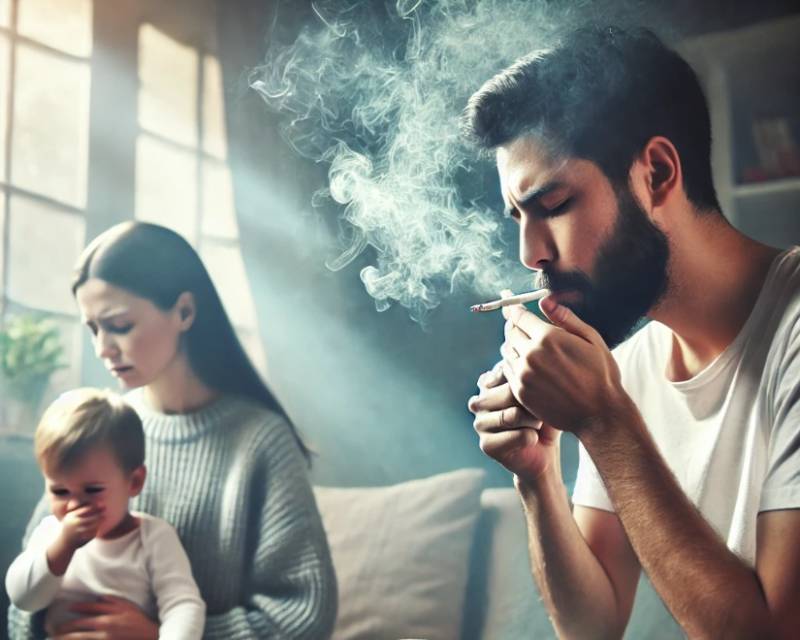 Husband smoking cigarette beside wife and baby.