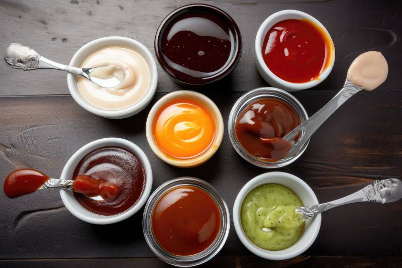 Set of different bowls with various dip sauces.
