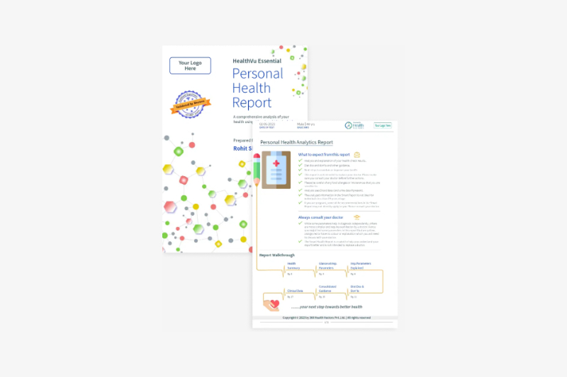 HealthVu Essential Report displaying core health metrics, basic medical summaries, and wellness recommendations for the patient.