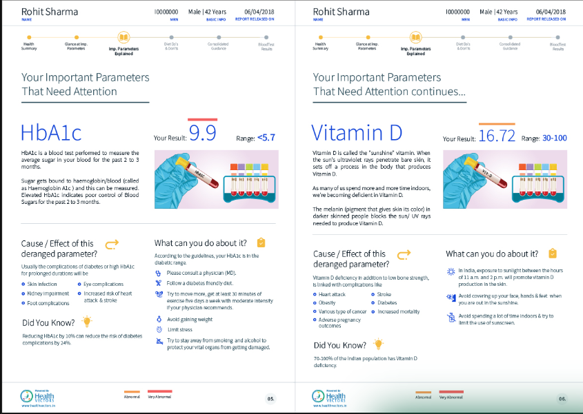 A snapshot of the pages of Heath Vector's smart reports mentioning the key parameters for personal health insights.