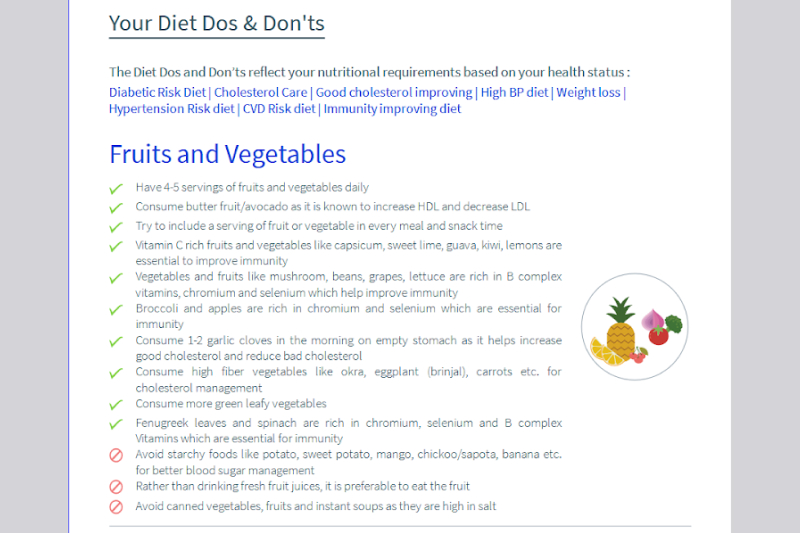 Health Vectors' Smart report provides personalised diet recommendations based on the patient's health data.