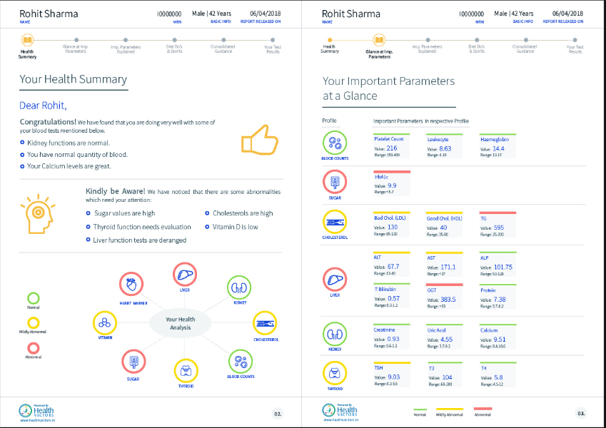 A snapshot of the pages of Heath Vector's smart reports for personal health insights.