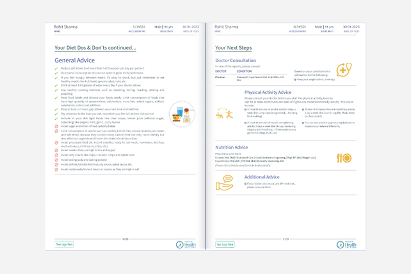 Snapshot of a smart report listing the do's and dont's with the next steps for health prediction.