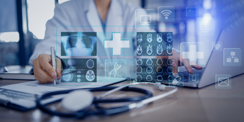 A healthcare professional analyzing a patient's smart report for risk prediction while also examining their medical images.