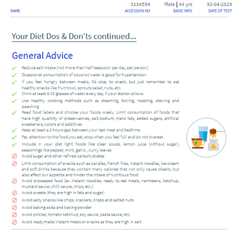 A smart report displaying general wellness advice and personalized diet tips for the patient.