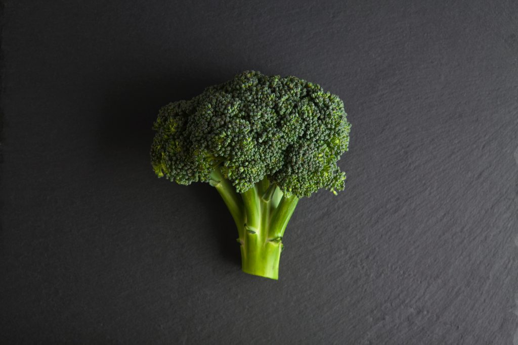 An elegant close-up view of a broccoli piece against a black background.