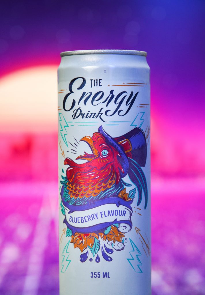 Close-up shot of an energy drink against a bright background