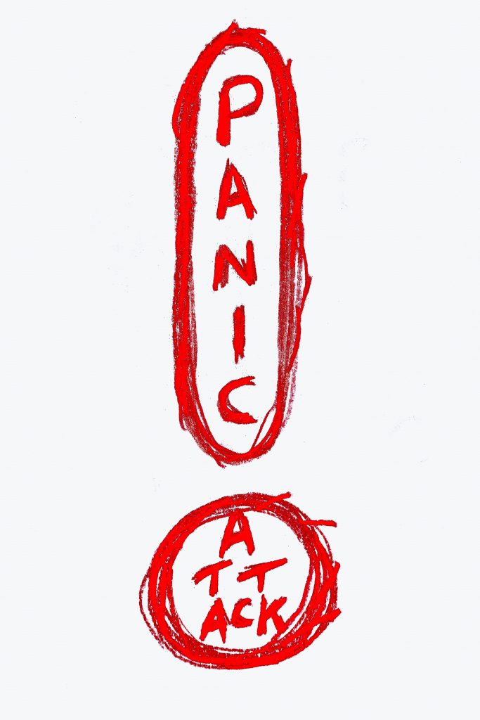 "Panic Attack" written in bold red text against a clean white background, symbolizing the impact of stress.