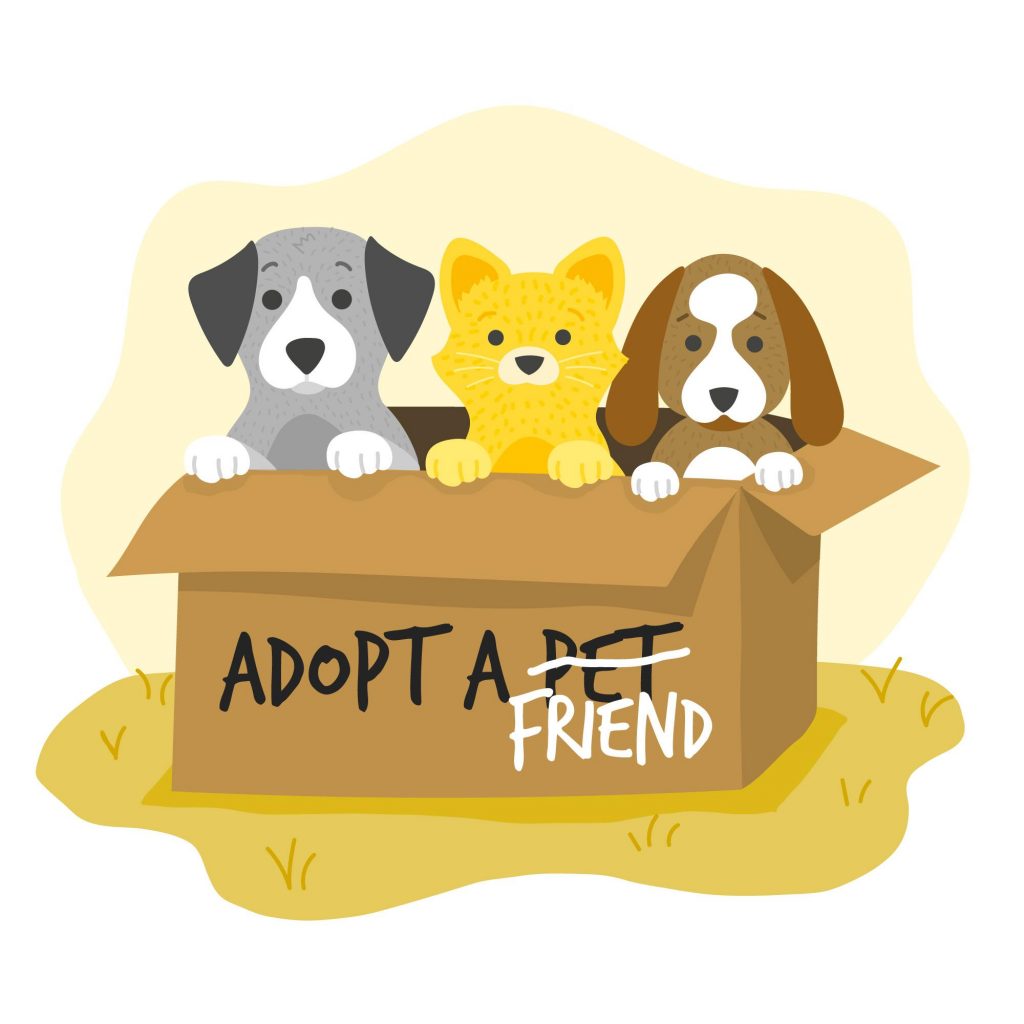 An endearing illustration of three playful pet dogs inside a carton box, with the phrase 'Adopt a friend' written on it.