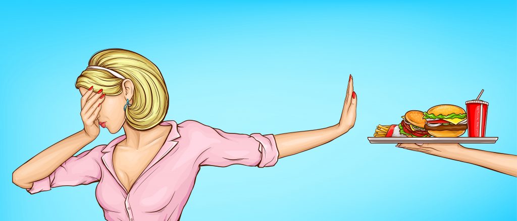 Vector of a woman rejecting junk food with a hand gesture, symbolizing zinc deficiency awareness.