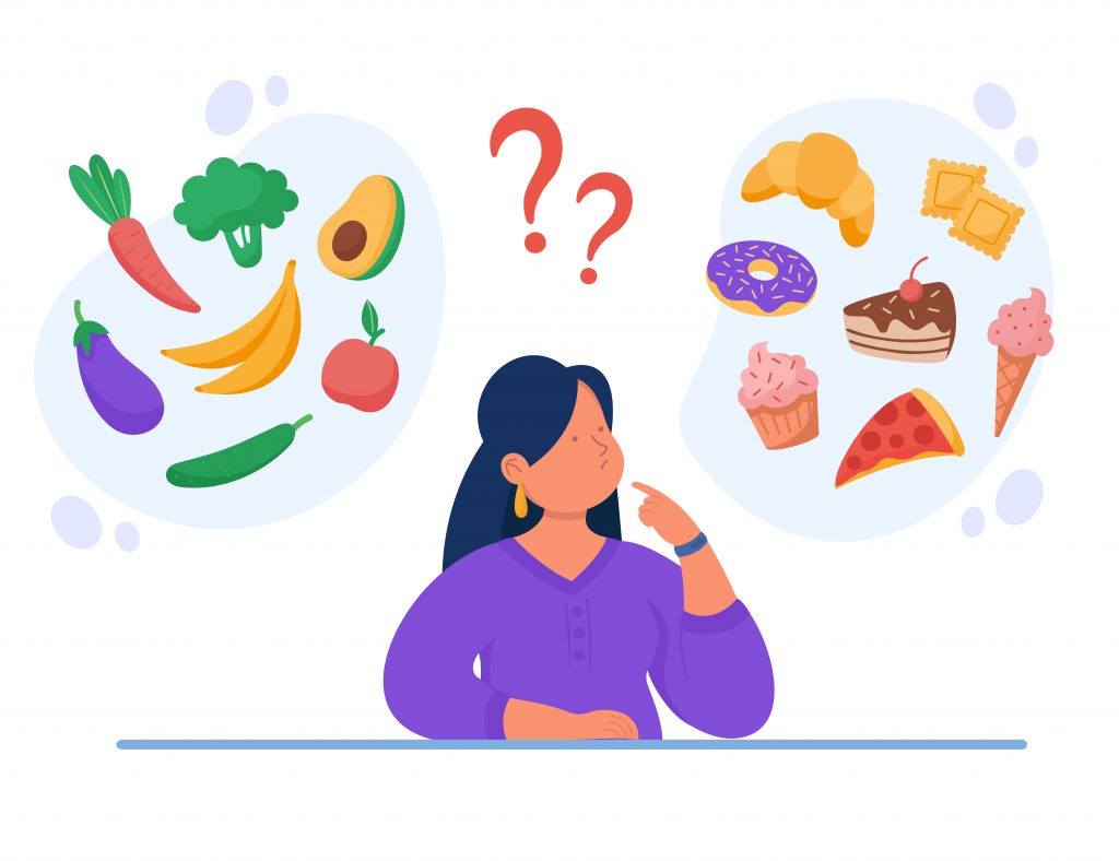 A vector image of woman considering healthy fruits and vegetables versus unhealthy snacks and fast food.