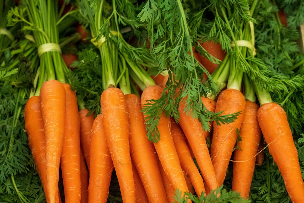 Fresh carrots with leaves on the ground, rich in Vitamin A that helps combat damaging free radicals.