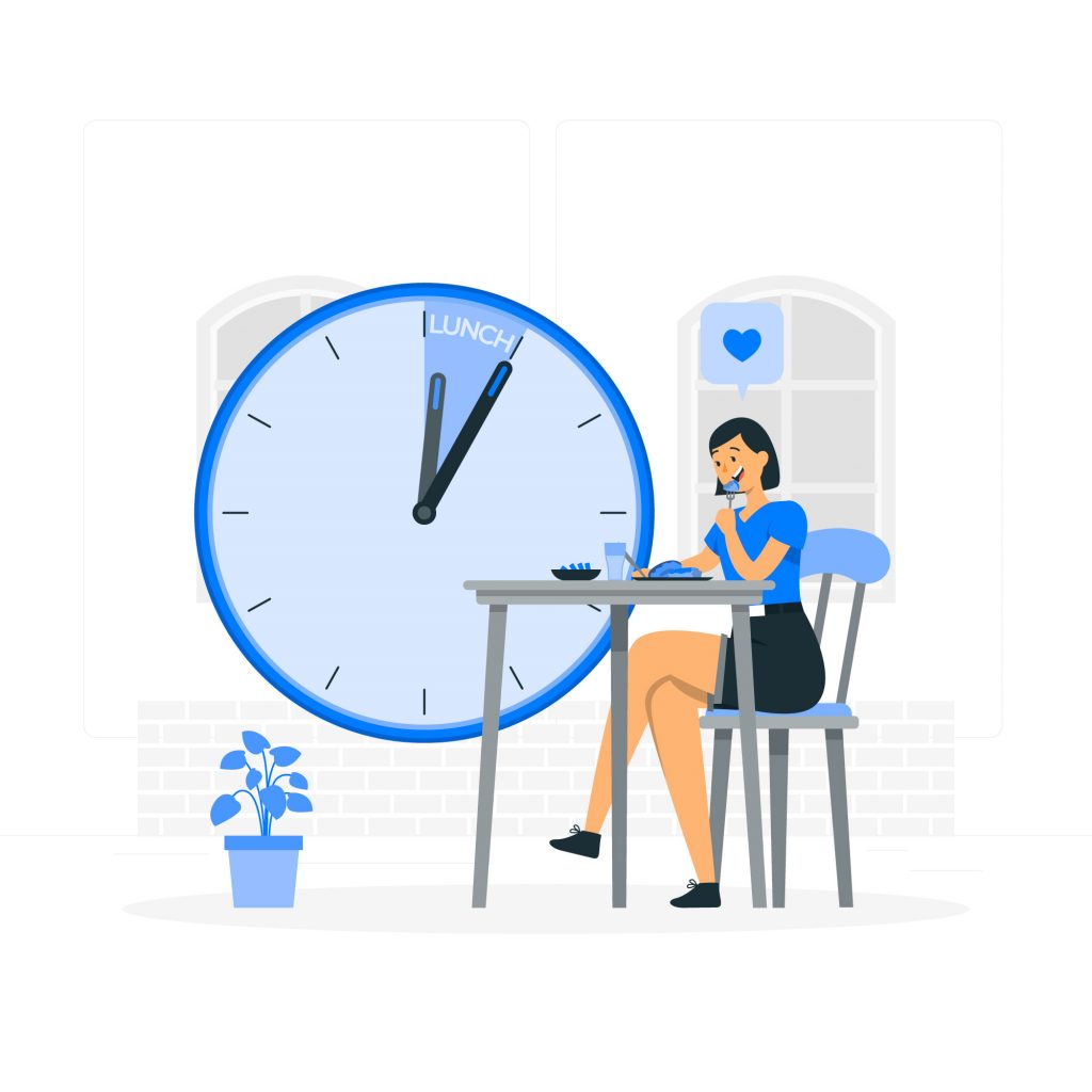 A vector image of woman sitting at a table with a laptop, eating lunch, and a large clock showing noon.